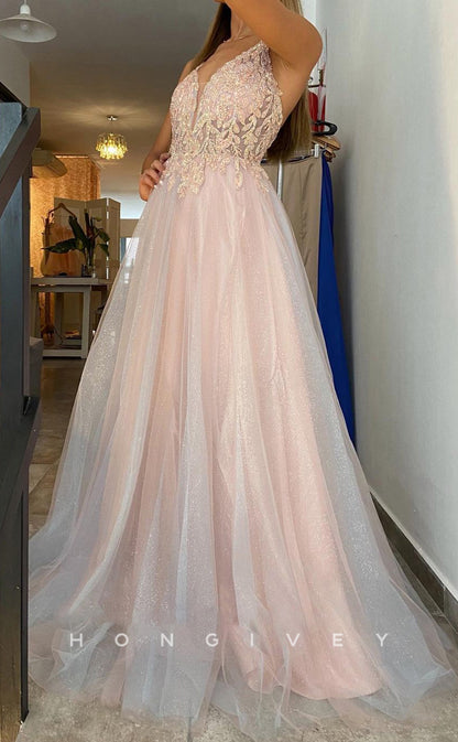 L1235 - Sparkly Sequined Embellished Plunging Illusion With Train Evening Prom Party Formal Dress