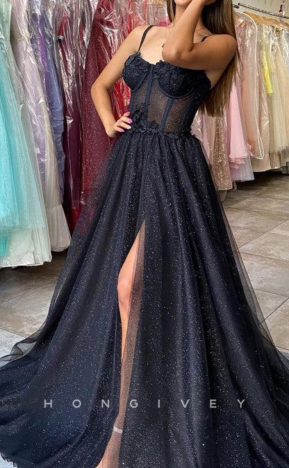 L1236 - Sparkly Floral Embroidered Illusion With Train And Slit Evening Party Formal Prom Dress