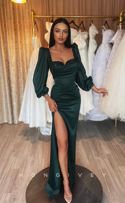 L1238 - Sequined Embellished Long Sleeves With Train And Slit Evening Party Formal Prom Dress
