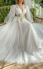 L2040 - Sexy Tulle A-Line V-Neck Long Sleeve Empire Appliques With Side Slit Party Prom Evening Dress