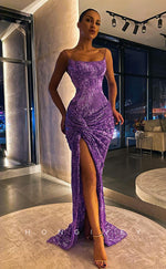 L1243 - Fully Sequined Illusion Ruched With Train And Slit Evening Formal Party Prom Dress