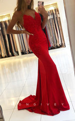 L1244 - Lace Embellished Open Back Mermaid With Train Evening Formal Party Prom Dress