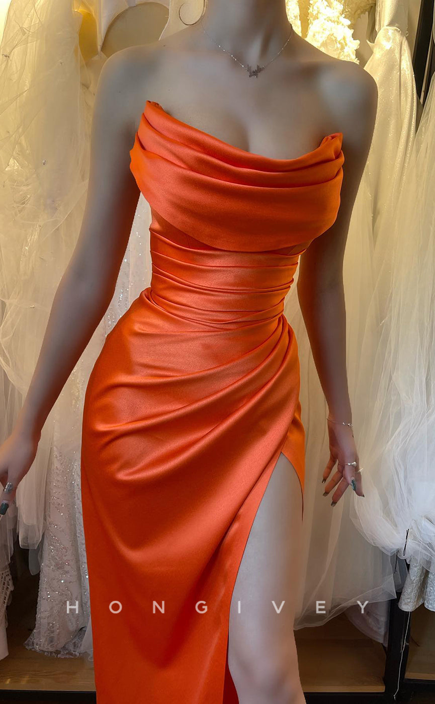 L1245 - Simple Ruched Strapless With Slit Evening Party Prom Formal Dress