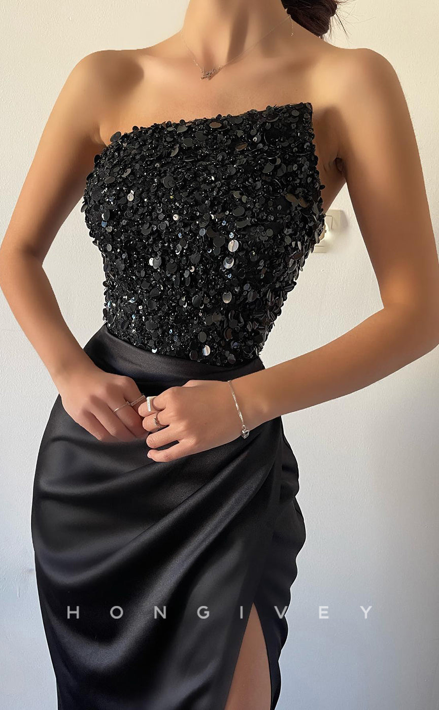 L1247 - Sequined Embellished Ruched Strapless With Slit Prom Formal Party Evening Dress