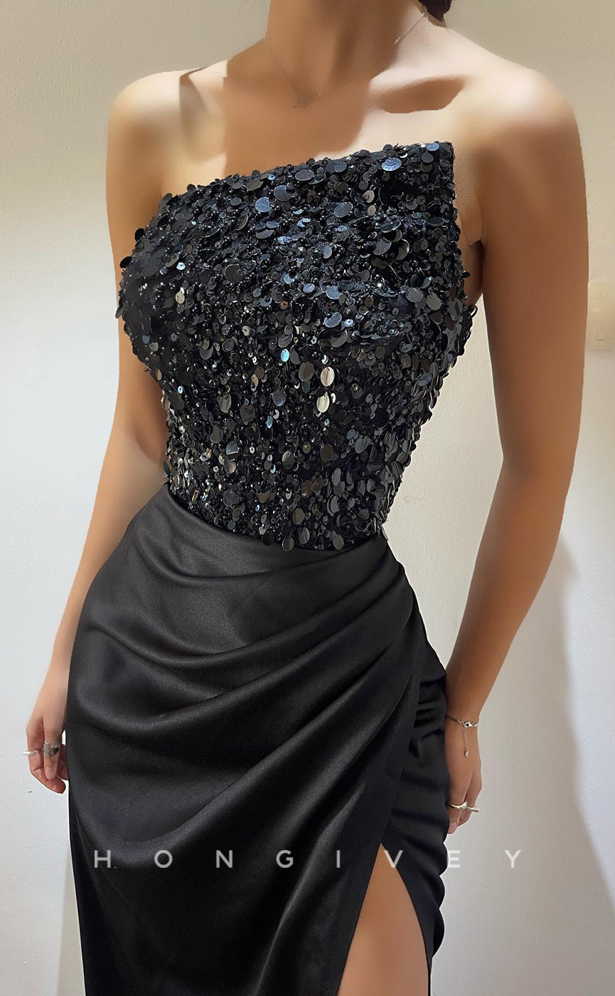 L1247 - Sequined Embellished Ruched Strapless With Slit Prom Formal Party Evening Dress