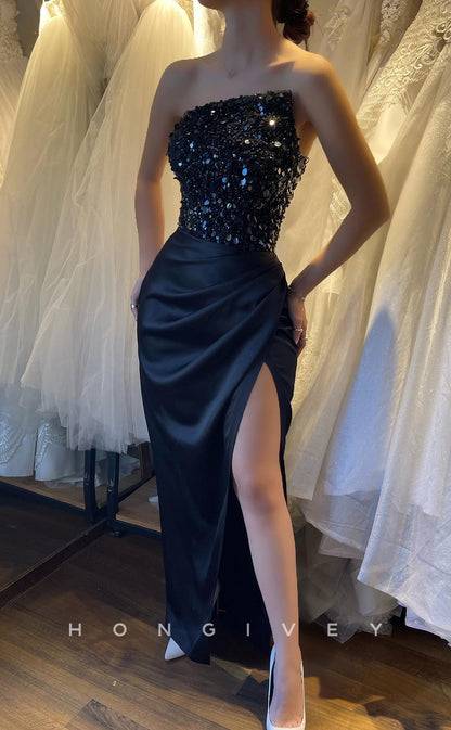L1247 - Sequined Embellished Ruched Strapless With Slit Prom Formal Party Evening Dress