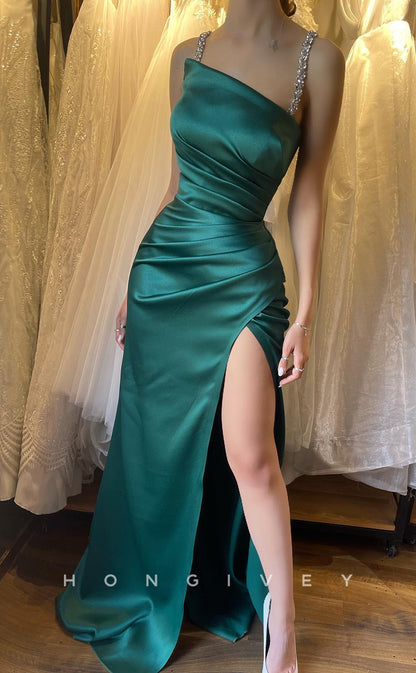 L1252 - Crystal Beaded Ruched With Train And Slit Prom Formal Party Evening Dress