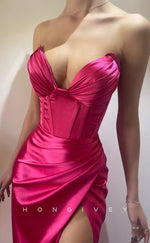 L1255 - Sexy Simple Ruched Strapless With Slit Party Evening Prom Formal Dress