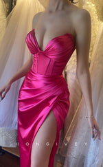 L1255 - Sexy Simple Ruched Strapless With Slit Party Evening Prom Formal Dress