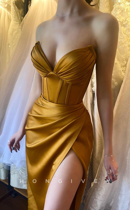 L1256 - Sexy Simple Ruched Strapless With Slit Party Evening Prom Formal Dress