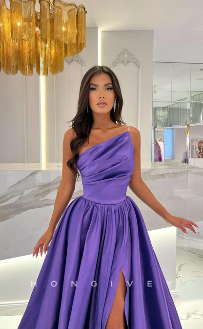 L1261 - Asymmetrical Ruched With Train And Slit Prom Formal Party Evening Dress