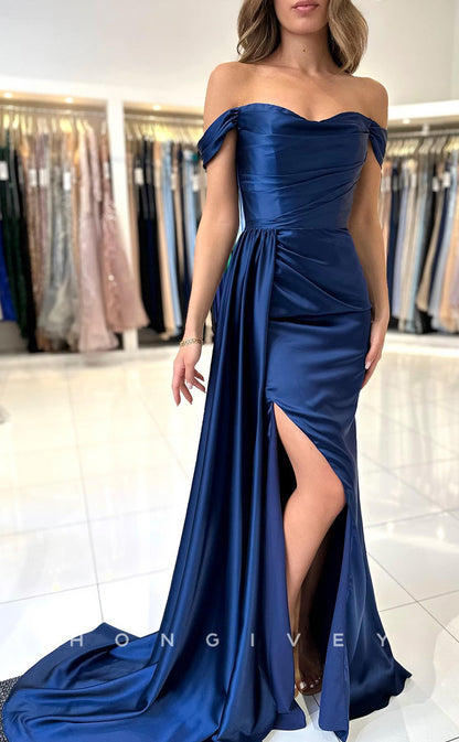 L1263 - Courture Simple Ruched With Train And Slit Evening Prom Formal Party Dress