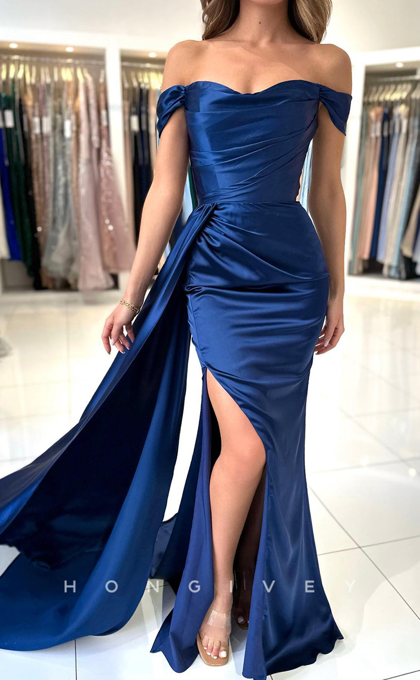 L1263 - Courture Simple Ruched With Train And Slit Evening Prom Formal Party Dress