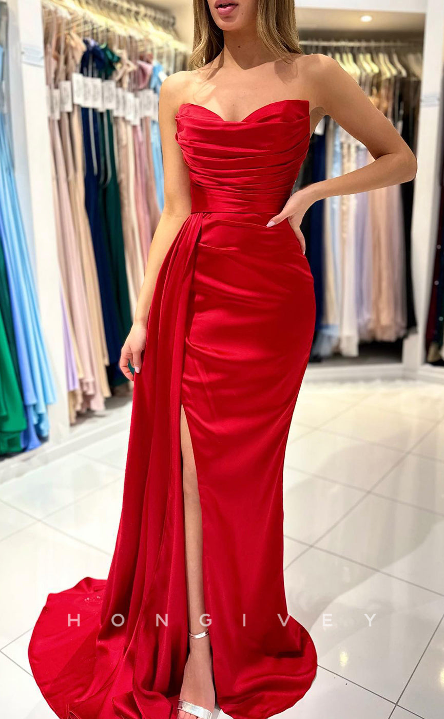 L1265 - Sexy Simple Ruched Strapless With Train And Slit Formal Party Evening Prom Dress