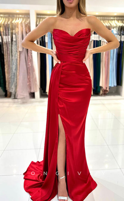 L1265 - Sexy Simple Ruched Strapless With Train And Slit Formal Party Evening Prom Dress