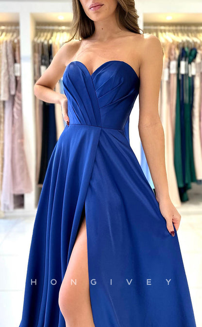 L1266 - Couture Simple Ruched Strapless With Train And Slit Party Evening Prom Formal Dress