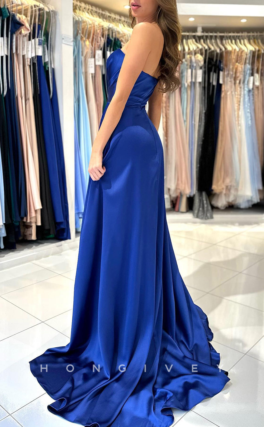 L1266 - Couture Simple Ruched Strapless With Train And Slit Party Evening Prom Formal Dress