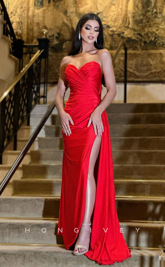 L1278 - Simple Strapless Ruched With Train And Slit Formal Party Evening Prom Dress