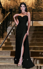 L1278 - Simple Strapless Ruched With Train And Slit Formal Party Evening Prom Dress