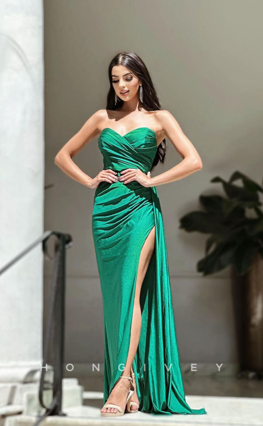 L1283 - Glitter Strapless Ruhced With Train And Slit Party Evening Prom Formal Dress