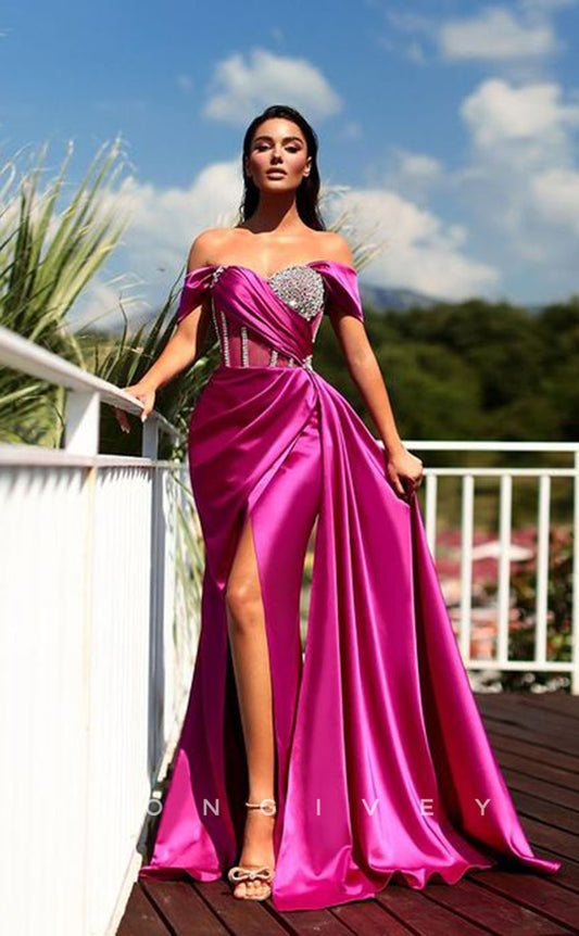 L1295 - Crystal Beaded Ruched With Train And Slit Evening Formal Party Prom Dress