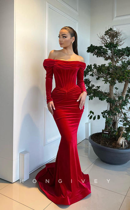 L1296 - Couture Ruched Long Sleeves Mermaid With Train Formal Party Prom Evening Dress