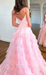 L1305 - Ornate V-Neck Spaghetti Straps Tiered Lace Prom Formal Party Evening Dress