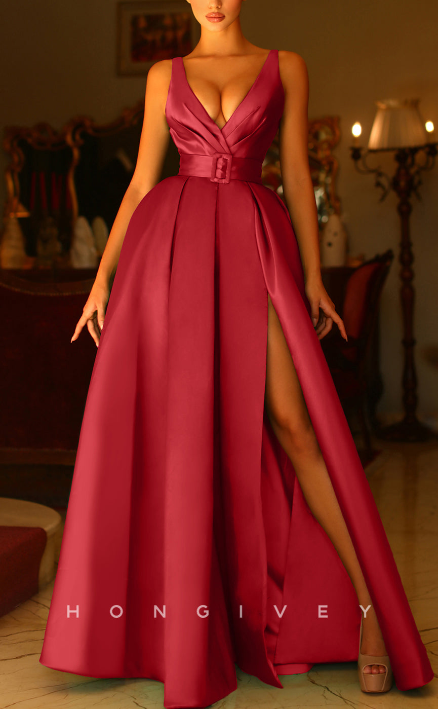 L1318 - Elegant & Luxurious Empire V-Neck Open Back With Side Slit Evening Prom Dress