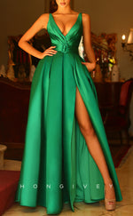 L1318 - Elegant & Luxurious Empire V-Neck Open Back With Side Slit Evening Prom Dress