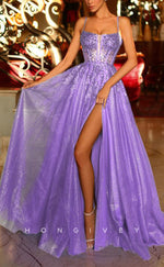 L1320 - Glitter Square Spaghetti Straps With Side Slit Party Prom Formal Evening Dress