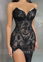 L1322 - Sexy Lace Illusion Strapless Sweetheart Strapless With Side Slit  Party Prom Evening Dress