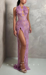 L1323 - Elegant & Luxurious Lace Illusion Cutout Halter Sleeveless With Side Slit  Party Prom Evening Dress