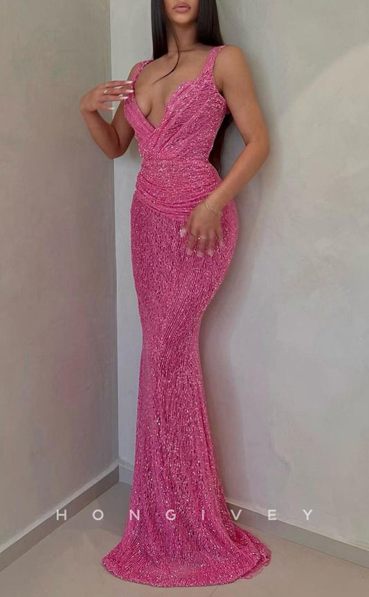 L1324 - Sexy Plunging Neck Spaghetti Straps Fully Sequined Long  Party Prom Evening Dress