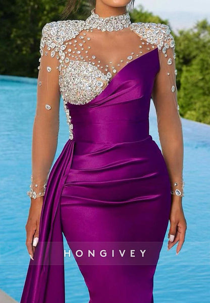 L1331 - Ornate High Neck Long Sleeves Crystal Embellished Ruched Long Party Prom Evening Dress