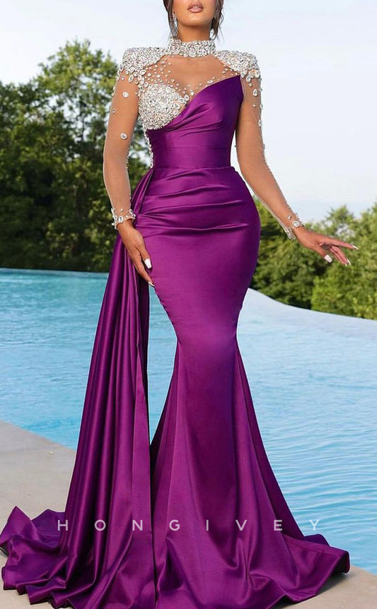 L1331 - Ornate High Neck Long Sleeves Crystal Embellished Ruched Long Party Prom Evening Dress