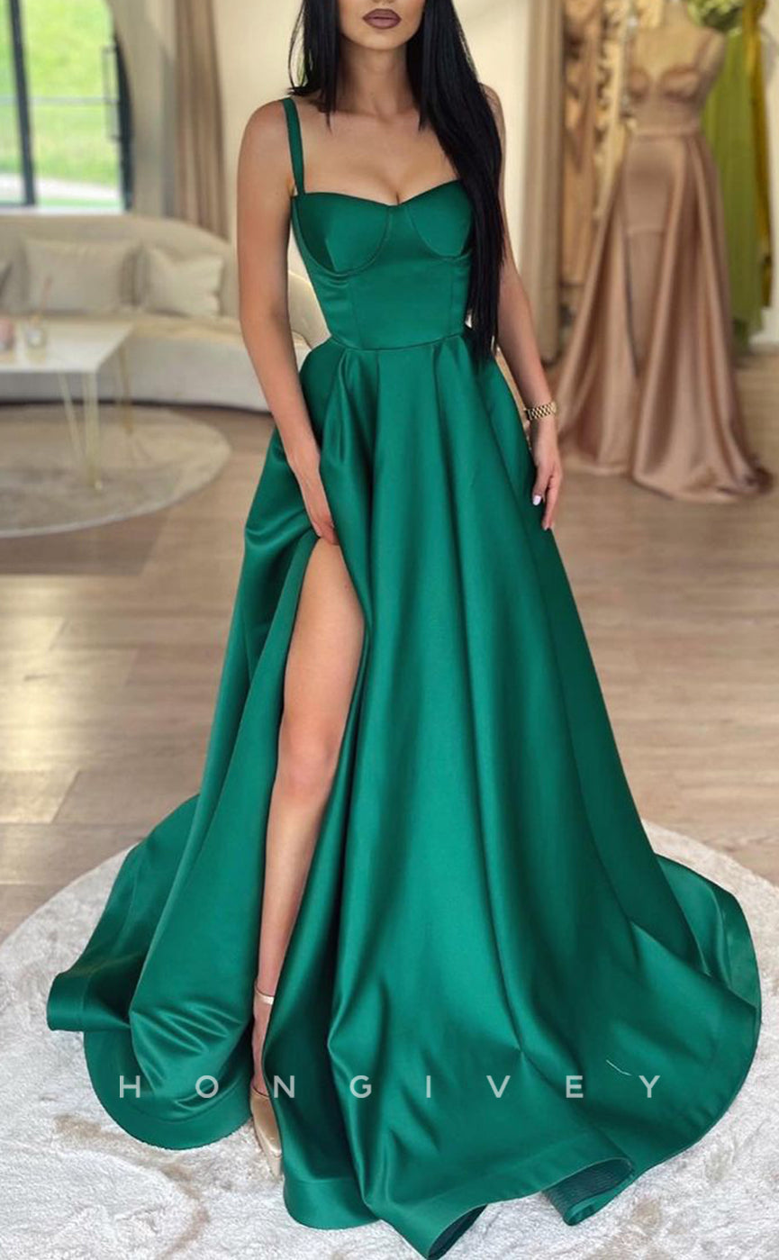 L1332 - Simple & Casual Satin Sweetheart Spaghetti Straps With Side Slit Party Prom Evening Dress