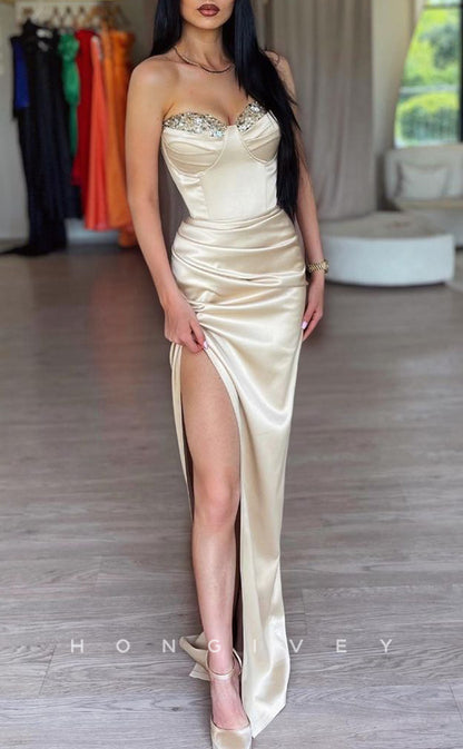L1339 - Sexy Satin Sweetheart Ruched Embellished With Side Slit Party Prom Evening Dress