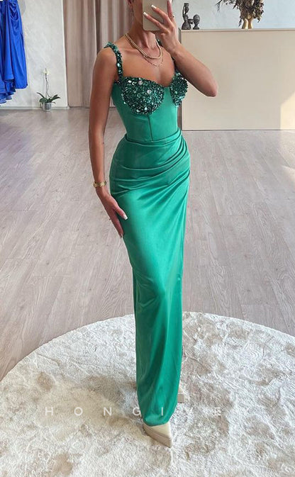 L1340 - Classic Sweetheart Spaghetti Straps Sequins Embellished Ruched  Party Prom Evening Dress