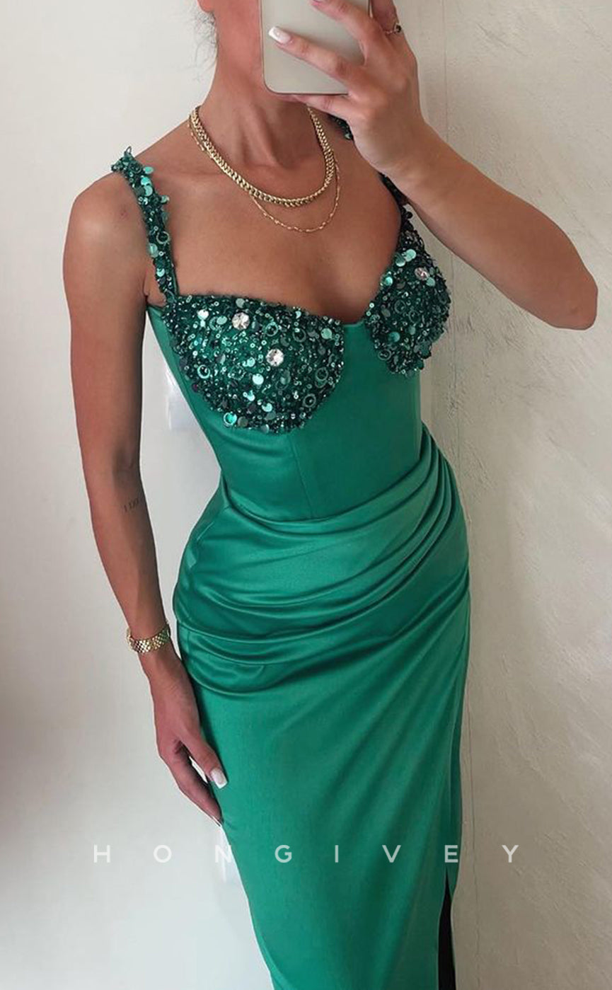 L1340 - Classic Sweetheart Spaghetti Straps Sequins Embellished Ruched  Party Prom Evening Dress
