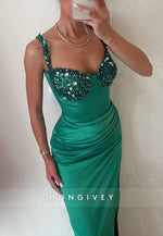 L1340 - Classic Sweetheart Spaghetti Straps Sequins Embellished Ruched  Party Prom Evening Dress