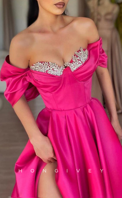 L1341 - Sexy Satin Off-Shoulder Empire Ruched With Side Slit  Party Prom Evening Dress
