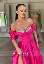 L1341 - Sexy Satin Off-Shoulder Empire Ruched With Side Slit  Party Prom Evening Dress