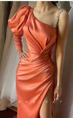 L1342 - Elegant & Luxurious Asymmetrical Sleeves Ruched WIth Said Slit  Party Prom Evening Dress