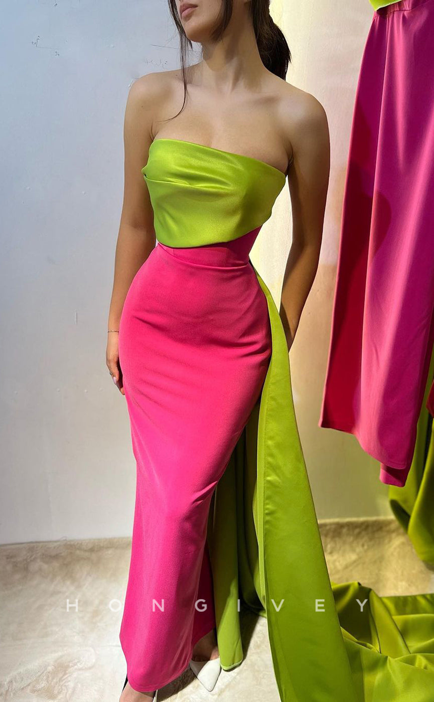 L1343 - Sexy Satin Strapless Strapless Two Tone Empire With Train Party Prom Evening Dress