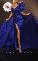 L1347 - Classic & Timeless One Shoulder Ruched V-Neck With Train  Party Prom Evening Dress