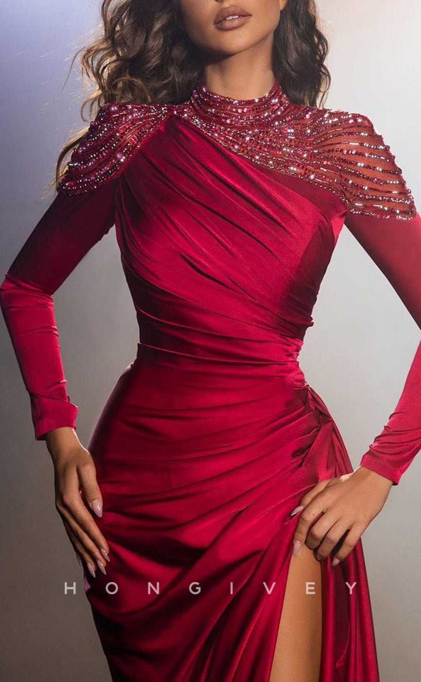 L1349 - Classic & Timeless Red High Neck Long Sleeve With Side Slit Party Prom Evening Dress