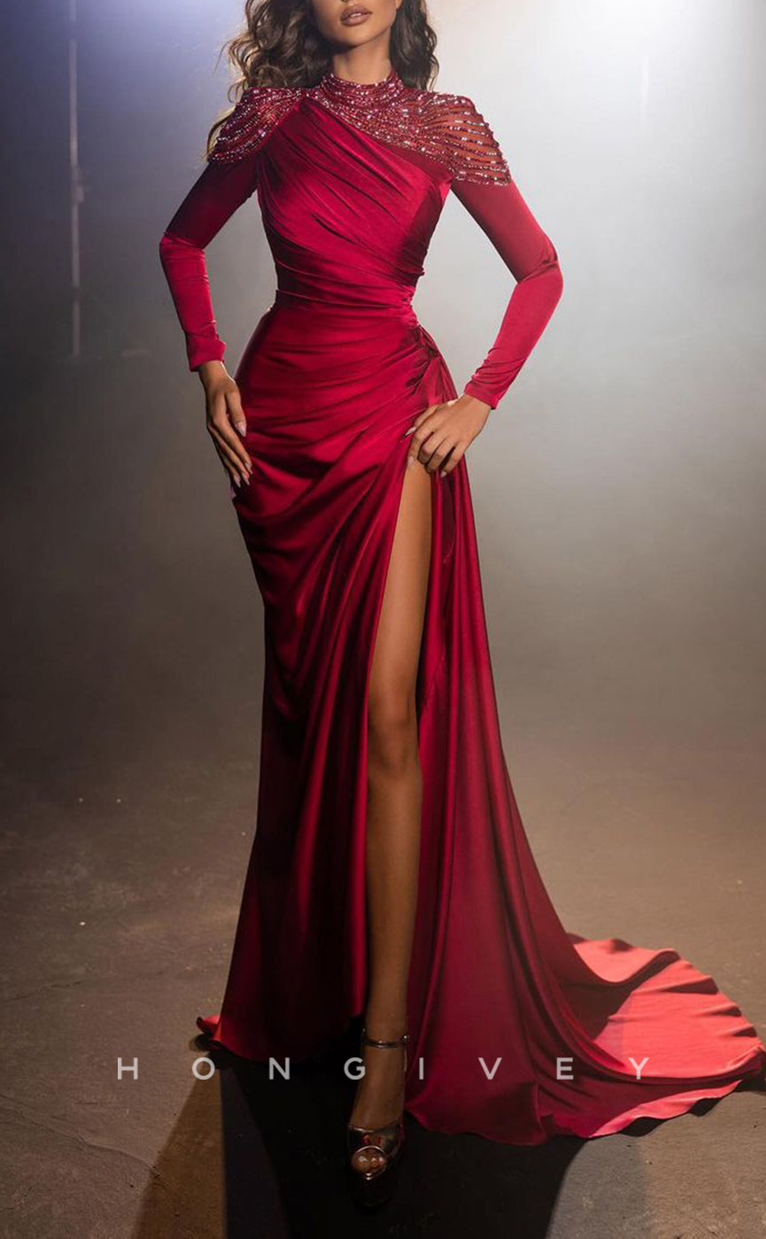 L1349 - Classic & Timeless Red High Neck Long Sleeve With Side Slit Party Prom Evening Dress