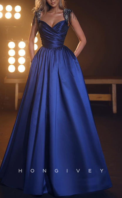 L1352 - Elegant & Luxurious V-Neck Wide Shoulder Straps With Pockets  Party Prom Evening Dress