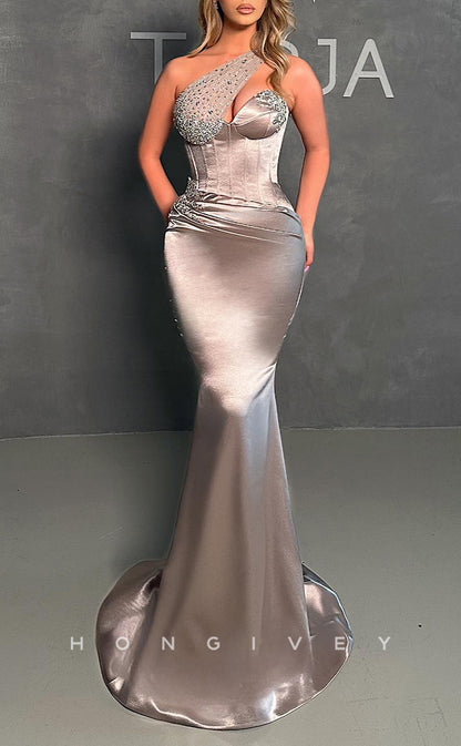 L1359 - Elegant & Luxurious Satin One Shoulder Rhinestone Embellished Party Prom Evening Dress