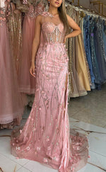 L1367 - Sexy Illusion Lace Sweetheart One Shoulder Floral Embossed Party Prom Evening Dress